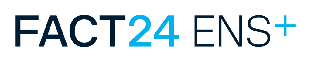 Logo with the text "FACT24 ENS+" in a bold, modern font. The number "24" and the plus sign are in a bright blue color, while the rest of the text is in dark blue.