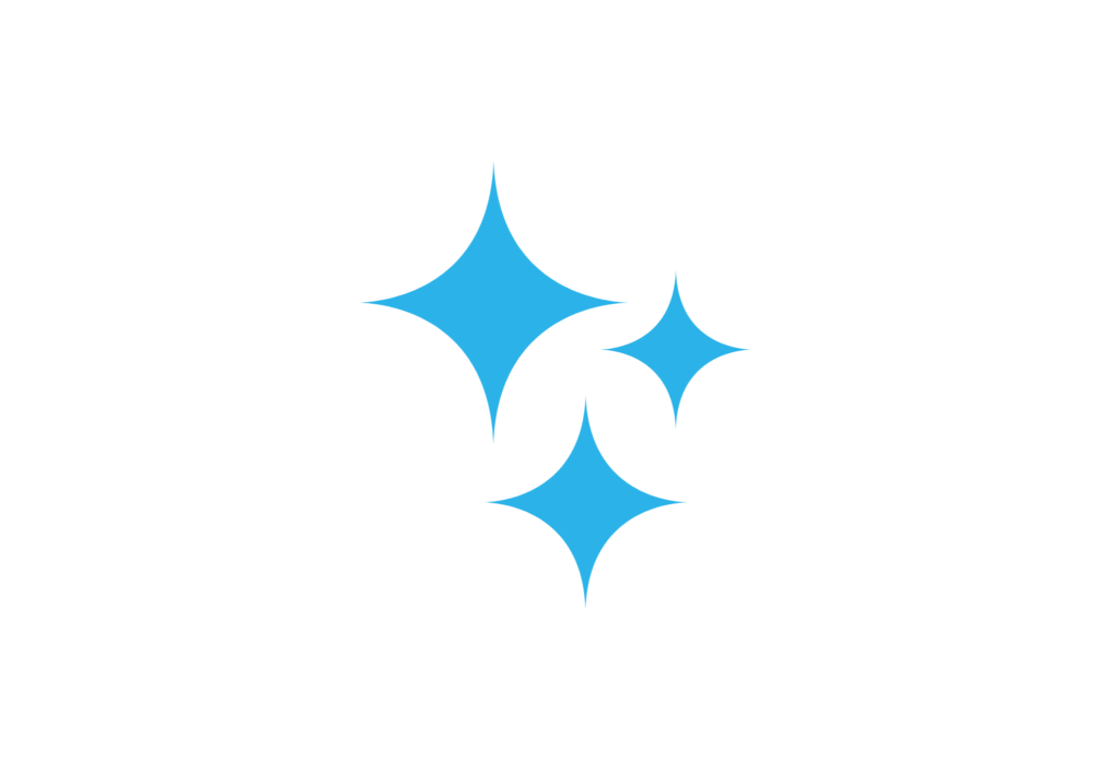 A simple illustration of three blue sparkle or twinkle icons on a light gray background, with varying sizes and overlapping points.