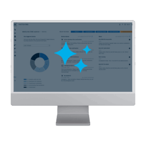 A computer monitor displaying a dashboard with charts and text, overlaid with three blue sparkle icons, indicating something new or improved on the screen.