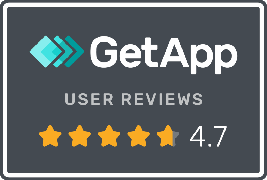 A GetApp user reviews badge showing a 4.7 out of 5 rating with four and a half yellow stars on a dark background.