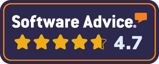 A Software Advice badge showing a 4.7 out of 5 star rating, with four full yellow stars and one half-filled star on a dark background.