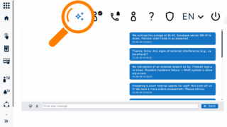 A computer screen shows a messaging app with IT system status messages, powered by KI i FACT24. An orange magnifying glass highlights a sparkle icon above the chat, which mentions a database outage and technical troubleshooting steps.