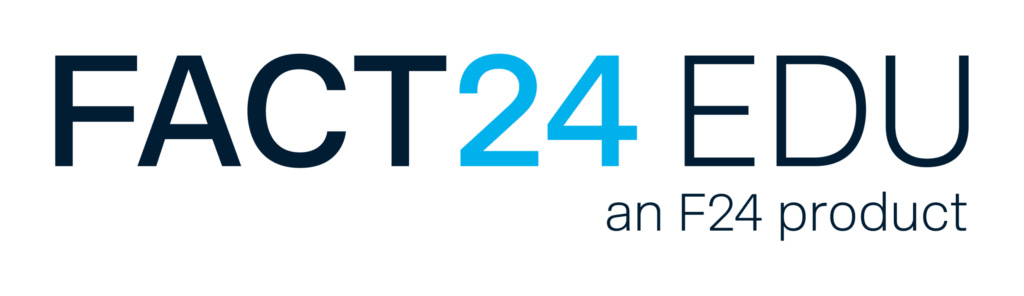 FACT24 EDU logo with "FACT" and "EDU" in dark blue, "24" in light blue, and the words "an F24 product" in smaller dark text below "EDU" on a light background.
