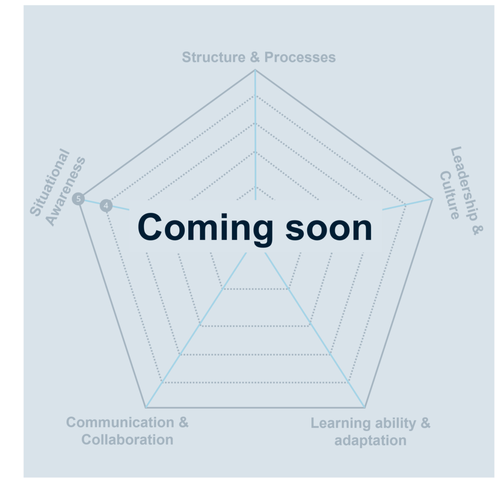 A radar chart with five axes labeled Structure & Processes, Leadership & Culture, Learning ability & adaptation, Communication & Collaboration, and Situational Awareness. The center text reads, "Coming soon.