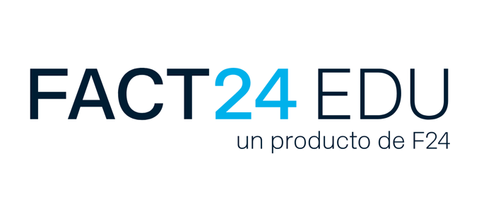 La imagen muestra el texto "FACT24 EDU un producto de F24" sobre un fondo gris claro, con "FACT" y "EDU" en azul oscuro y "24" en azul claro.