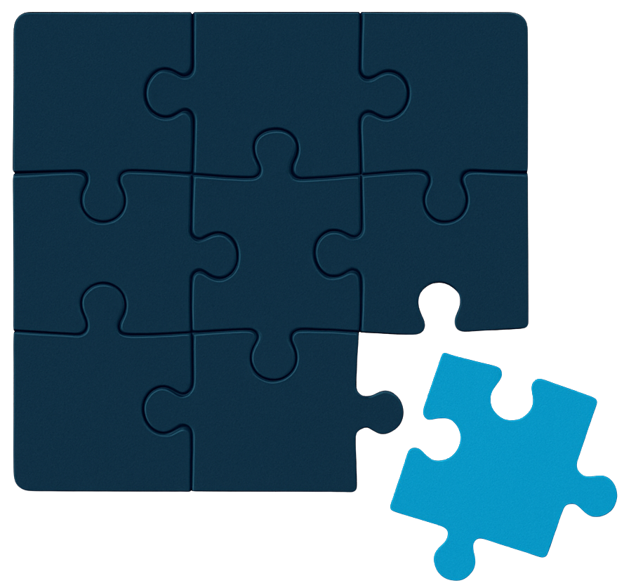 A nearly completed dark blue jigsaw puzzle with one piece missing, which is shown next to the puzzle in light blue.