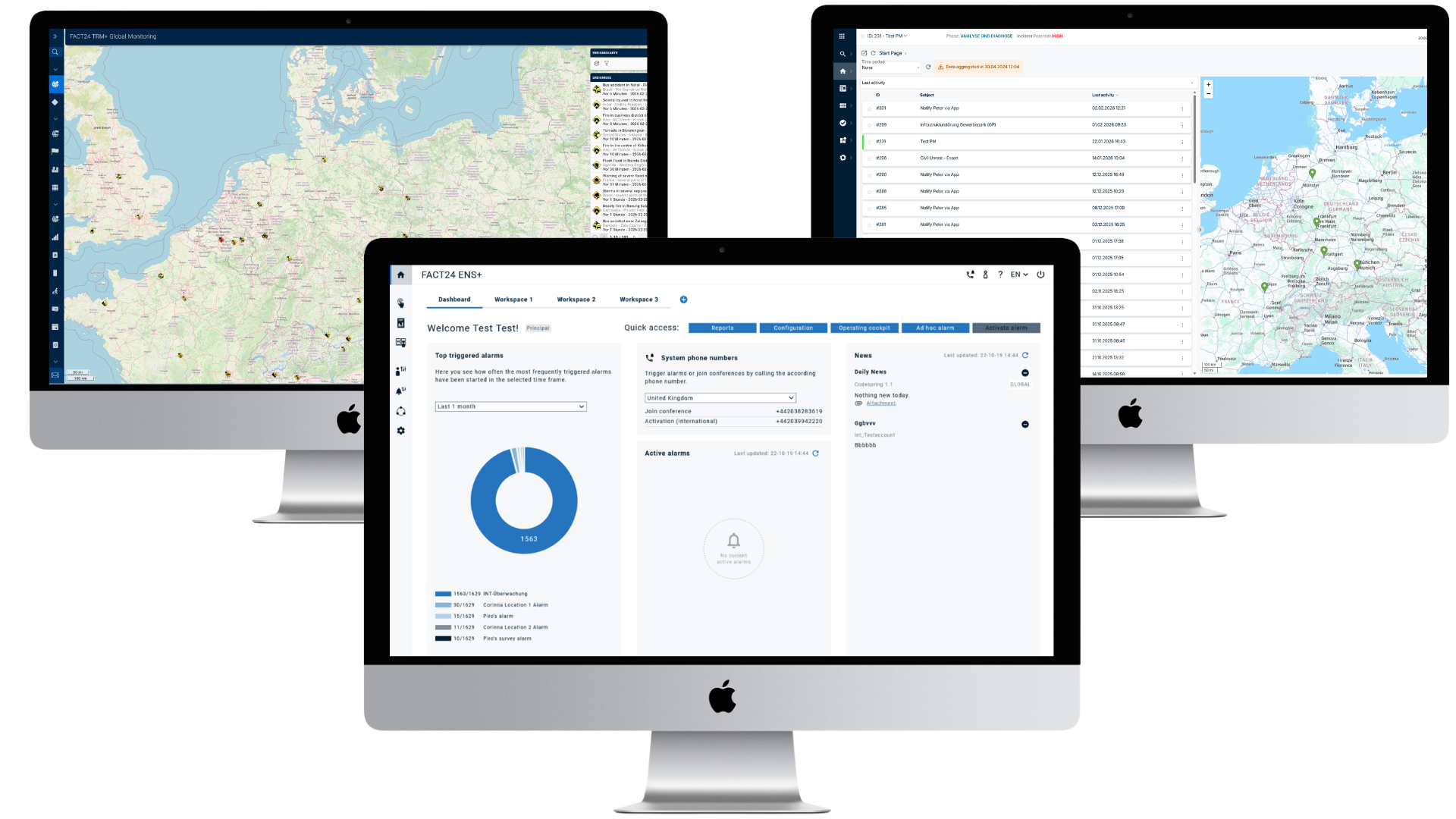 Three iMac screens display different software interfaces, showcasing Proactive Crisis Management tools: maps with emergency notification markers on the left and right monitors and a dashboard with charts and user details on the center monitor.