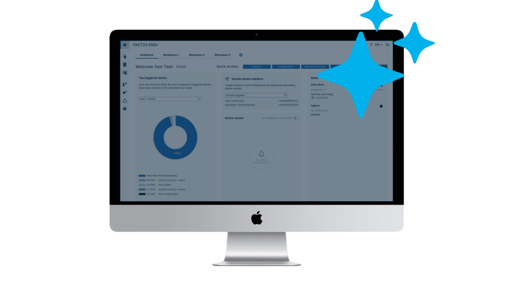 An iMac displays a dashboard interface with a pie chart and statistics, highlighting proactive crisis management tools; a large blue sparkle icon for emergency notification is overlaid in the upper right corner of the screen.