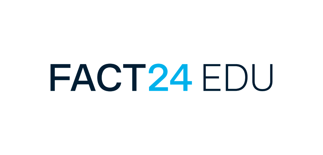 The image displays the text "FACT24 EDU" in a clean, modern font on a white background. "FACT" and "EDU" are in dark blue, while "24" is in bright blue.