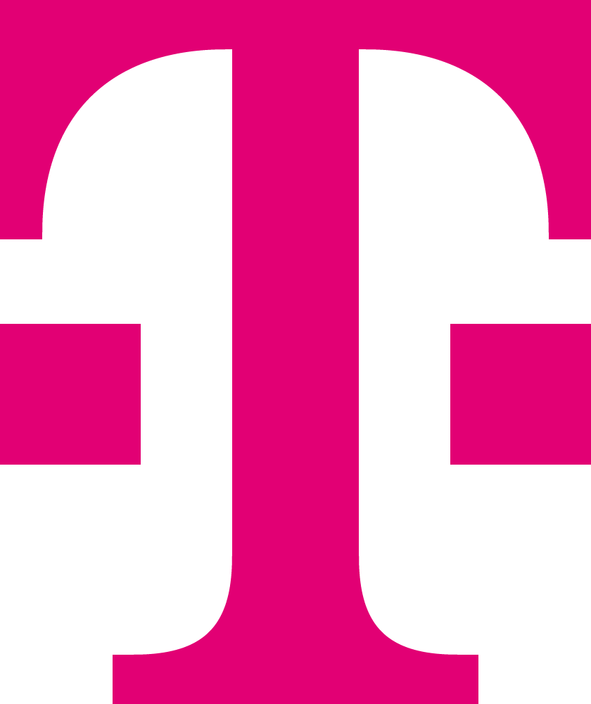 Deutsche Telekom logo featuring a bold magenta "T" symbol with curved cutouts on a white background.