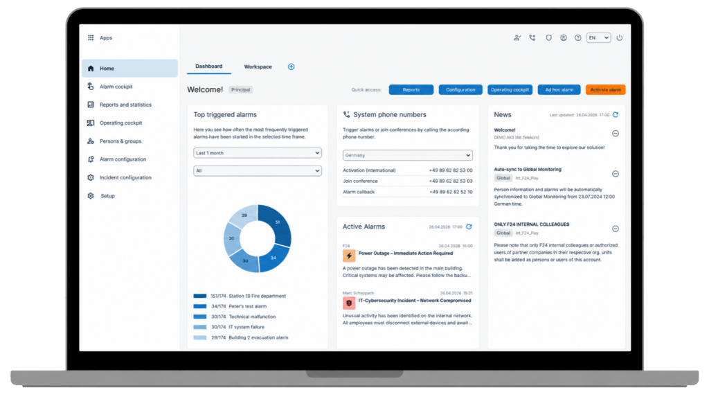 A laptop displays a dashboard interface with sections for top triggered alarms, system phone numbers, Emergency Notification Services, active alarms, quick access buttons, and news updates. The organized layout features charts, lists, and visible shortcut buttons.