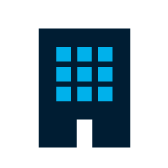 Simple icon of a dark blue building with a doorway at the bottom and nine light blue square windows arranged in a grid, set against a light gray background.