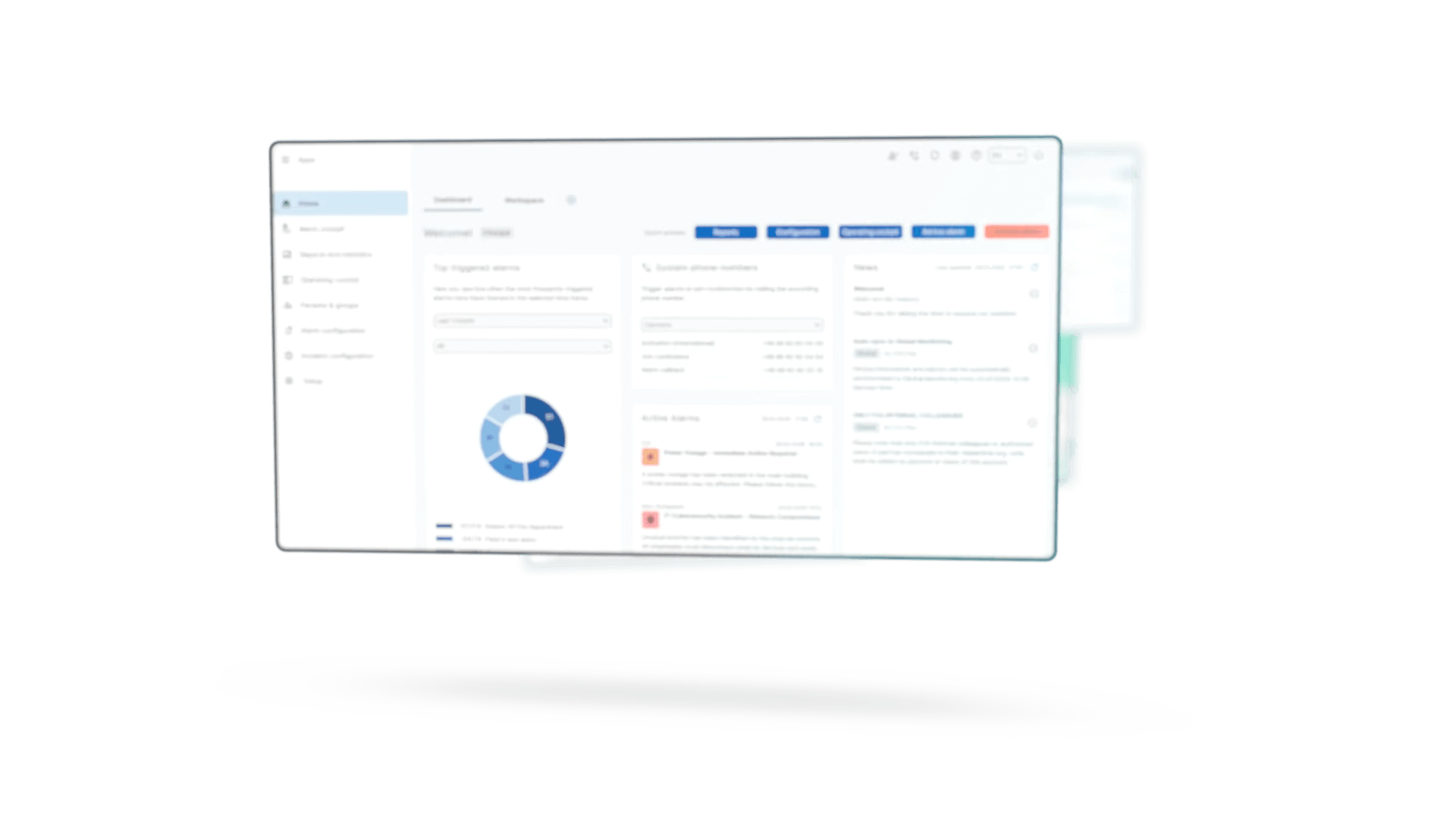 A blurry screenshot of a web dashboard with navigation on the left, a circular chart, tabs, and various content sections. The overall color scheme is white and blue, reflecting the modern interface typical of Alarmierungs- und Krisenmanagement Software.